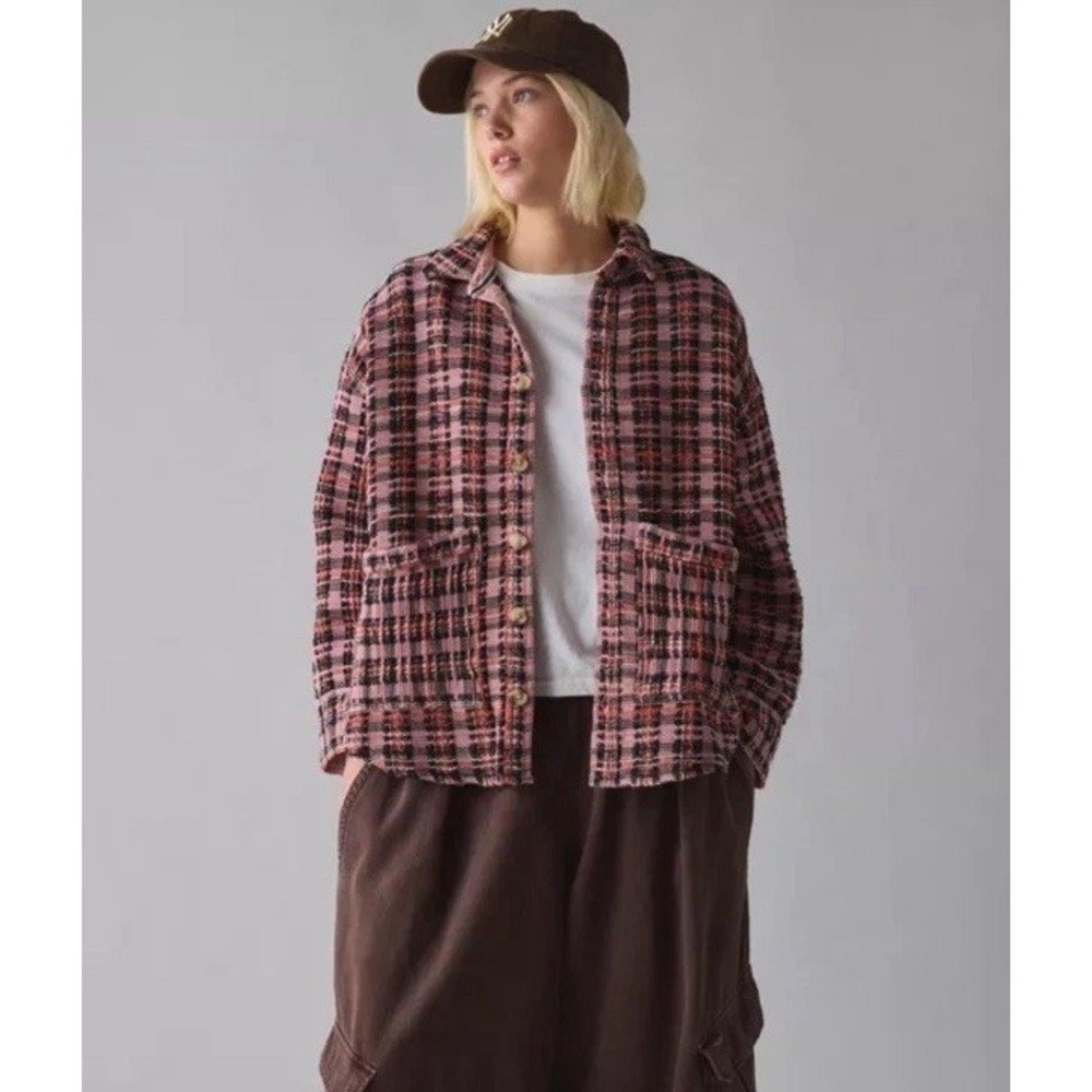 Urban Outfitters BDG Bryson Waffle Shacket Pink Plaid Oversized‎ Boxy Slouchy XS